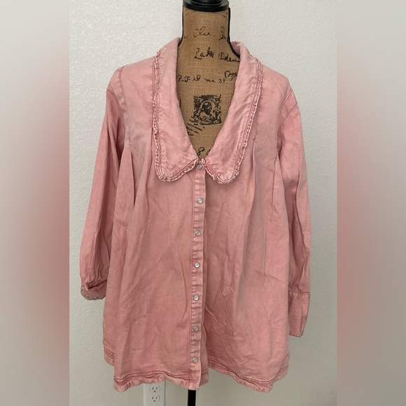 Free People Pink Button-Down Collared Shirt With Ruffled Edges Size S - Picture 3 of 5